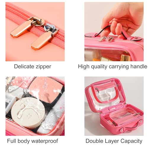 Veki TSA Approved Toiletry Bag Transparent Makeup bag Double Travel Cosmetic bags Case Waterproof Toiletries Bag Large Capacity Open Storage bag Organizer for Women and Girls (Large Rose Red) - Image 5