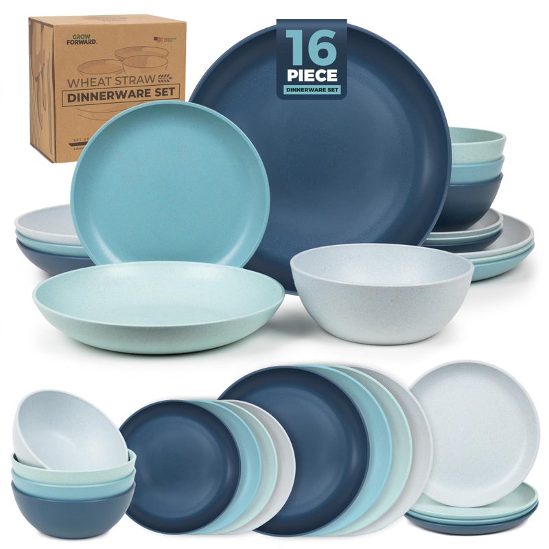 Grow Forward 16-piece Premium Wheat Straw Dinnerware Sets for 4 - Unbreakable Dishwasher & Microwave Safe Plastic Plates and Bowls Sets - Patio, Outdoors, RV, Camping Dishes - Seascape - Image 1