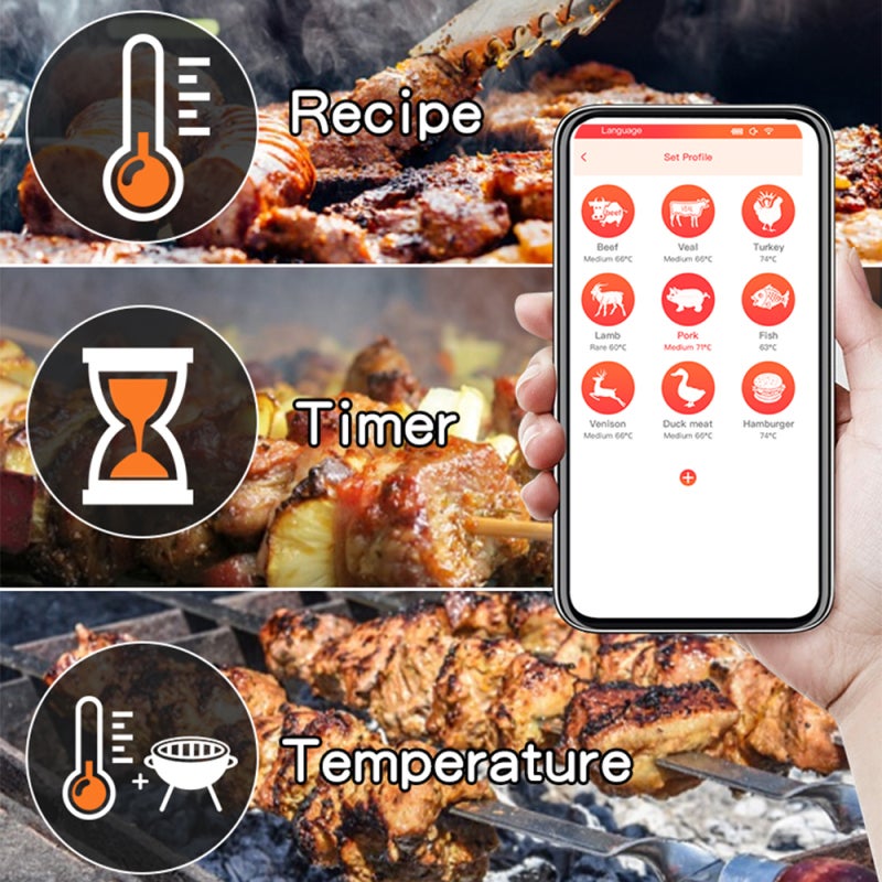 Wireless Meat Thermometer: White IP67 Waterproof, 0 To 275°C Range, 150m BT Remote Monitoring - Smart App Controlled Food Thermometer for Outdoor Grilling Home Cooking - Image 4