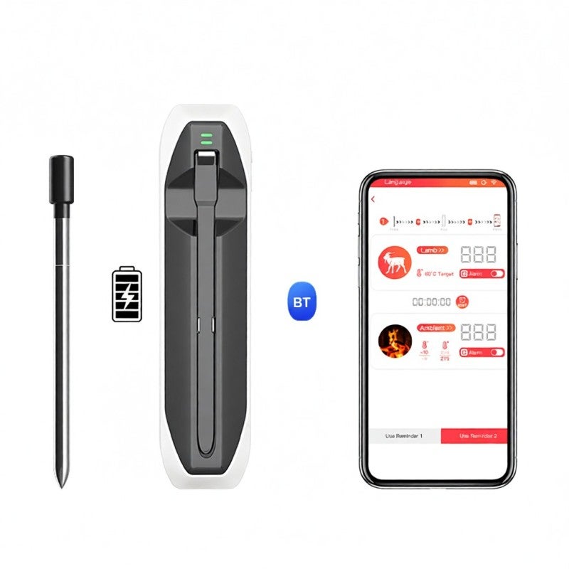 Wireless Meat Thermometer: White IP67 Waterproof, 0 To 275°C Range, 150m BT Remote Monitoring - Smart App Controlled Food Thermometer for Outdoor Grilling Home Cooking - Image 1