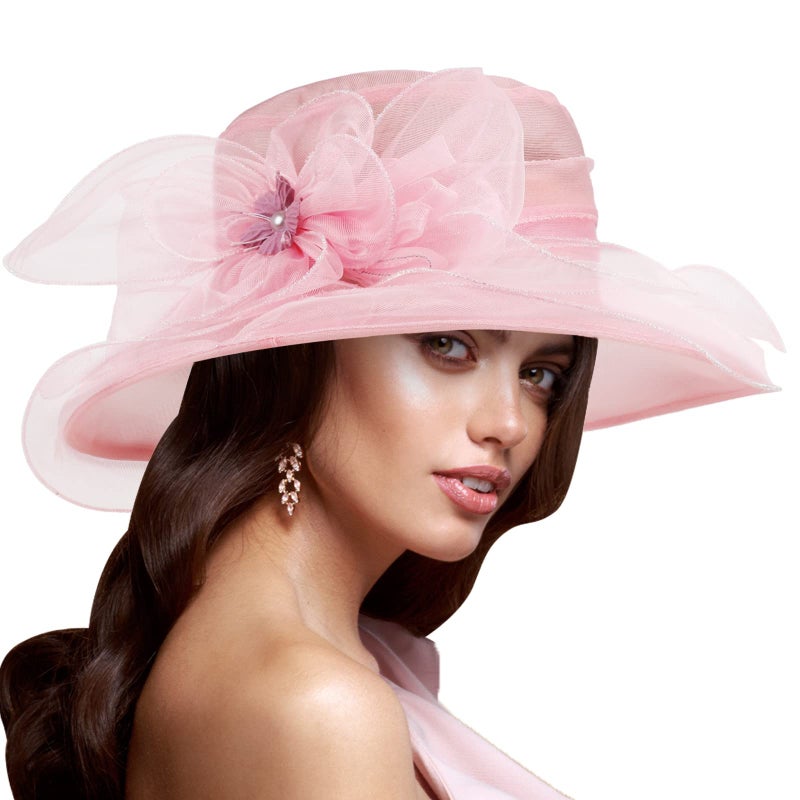 DRESHOW Women Organza Fascinators Hat Church Cap Hats Cocktail Tea Party Wedding Bridal Flower Hat with Wide Brim - Image 3