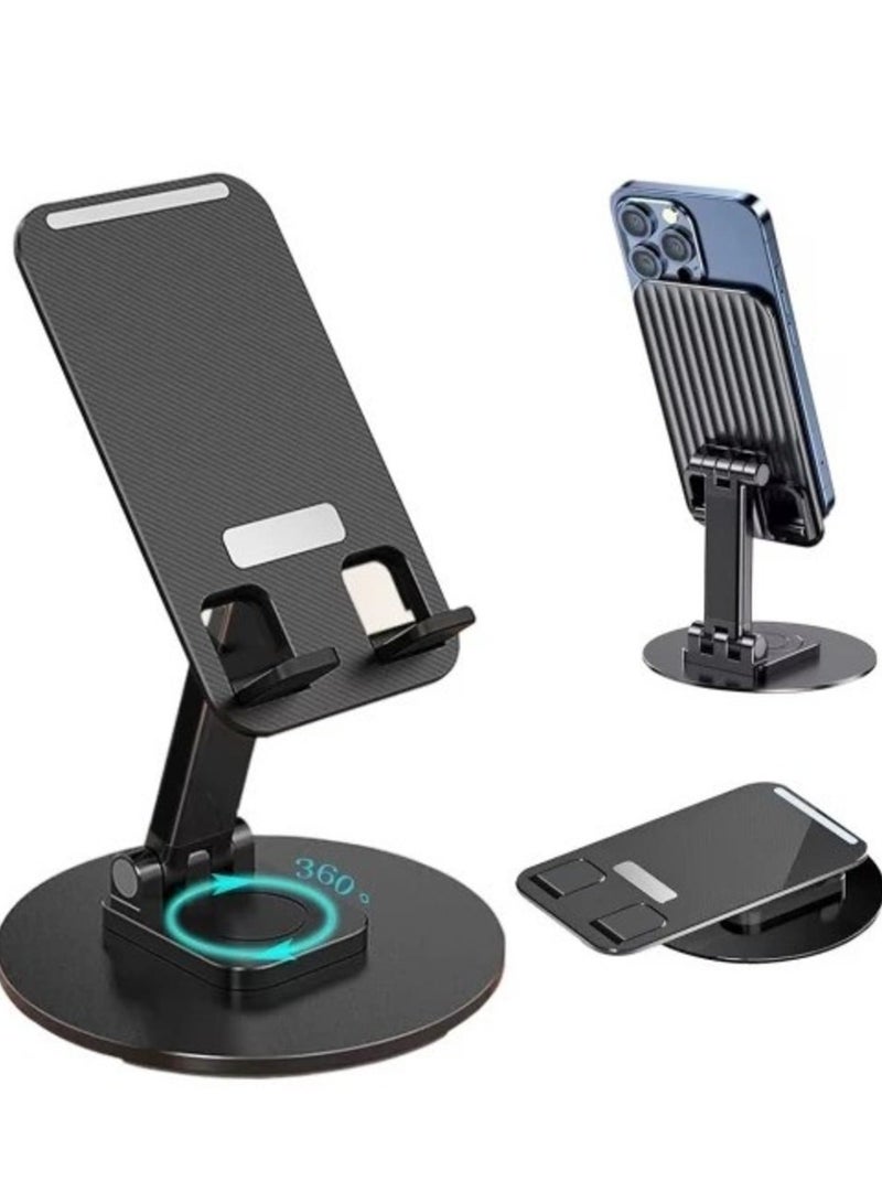 MUNTAQI Portable Foldable Phone Stand, 360 Degree Rotation, Height Adjustable, Cell Phone Holder - Black - Image 1