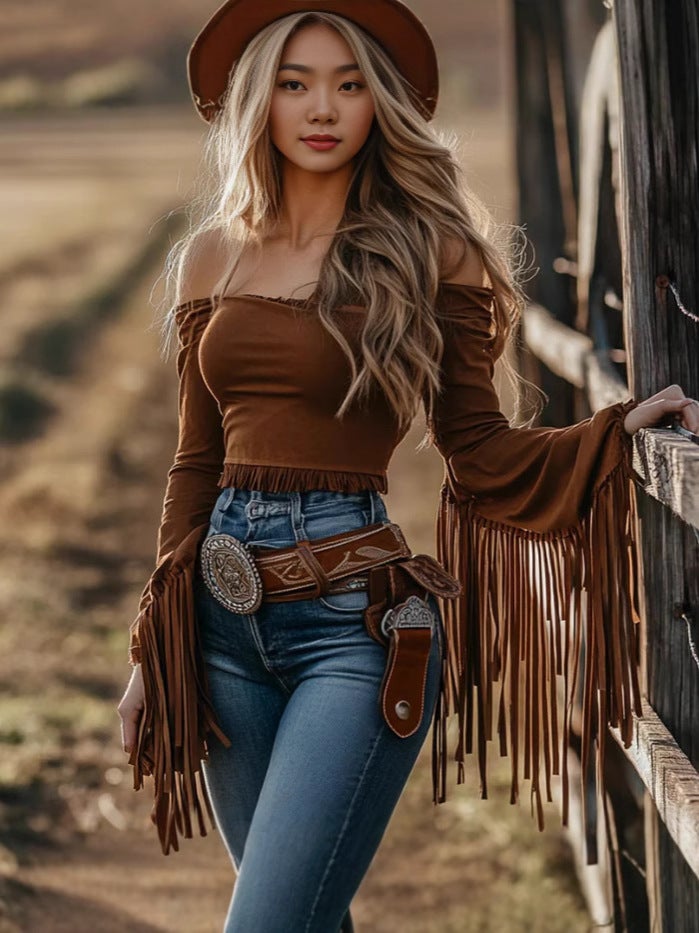 Vintage Western-Style Tassel Off-Shoulder Women''s Top T-Shirt in Light Brown and Black, and Ethnic Tribal Southeast Asian Style - Image 2