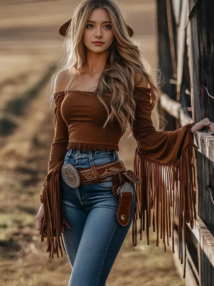 Vintage Western-Style Tassel Off-Shoulder Women''s Top T-Shirt in Light Brown and Black, and Ethnic Tribal Southeast Asian Style - Image 1