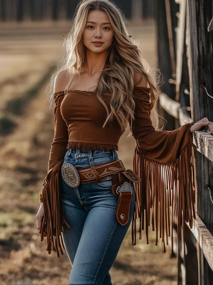 Vintage Western-Style Tassel Off-Shoulder Women''s Top T-Shirt in Light Brown and Black, and Ethnic Tribal Southeast Asian Style - Image 3
