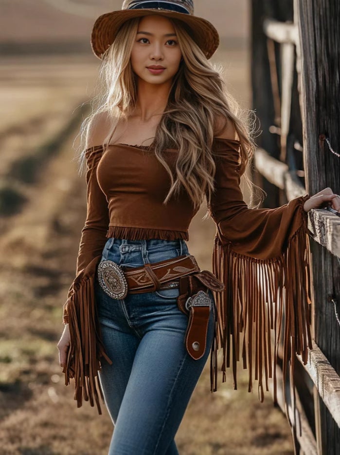 Vintage Western-Style Tassel Off-Shoulder Women''s Top T-Shirt in Light Brown and Black, and Ethnic Tribal Southeast Asian Style - Image 4