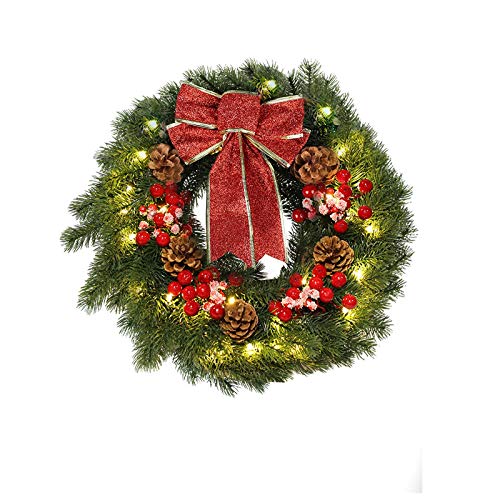 MorTime MorTime 16 Inches LED Christmas Wreath with Pinecones Red Berries Red Bowknot Lighted Christmas Wreath with 40 LED Warm White Lights for Winter Holidays Home Decoration Christmas