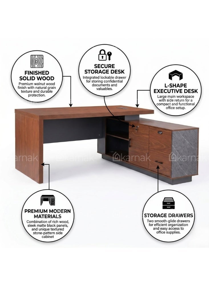 Karnak Edelstein L-Shape Executive Desk with Lockable Drawers | Ergonomic Computer Desk 160 Cm | Multifunctional Modern Office Table for Retail Hotel Clinic Workspace Furniture - Image 3