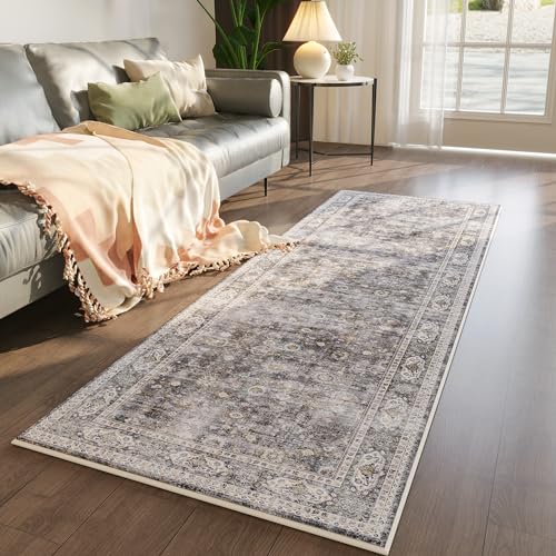 Rugcomf سجادة ممر قابلة للغسل بسماكة 2'6''x8' مع قاعدة مطاطية 100% بوليستر سجادة عتيقة للمدخل الداخلي، المطبخ، الغسيل، غرفة النوم (رمادي وبني) - Image 5