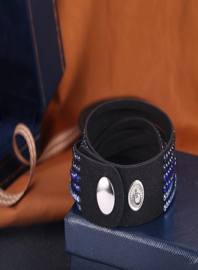 Barzel Leather Created Austrian Crystals Wrap Bracelets (Black with Blue & Turq Stones) - Image 4