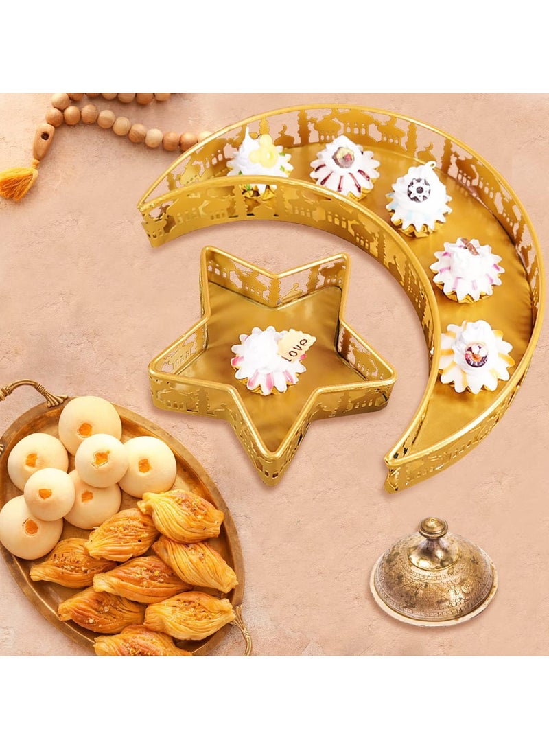 VUCATIN صينية رمضان عيد مبارك قمر نجمة صينية، إسلام مسلم عيد الفطر إفطار حفلة صينية تقديم الطعام، أطباق رمضان المعدنية ديكور الطاولة لإفطار العشاء الحلوى المعجنات حامل العرض الديكور - Image 4