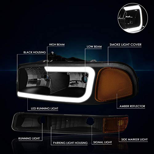 PM PERFORMOTOR Smoked Amber Bumper Lights+Headlights With LED DRL Replacement Compatible with 99-07 Sierra 1500 2500 3500&HD / 99-06 Yukon&XL / 2001 Sierra C3, PMHL-GSIE-9906-CLB2-BSA - Image 2