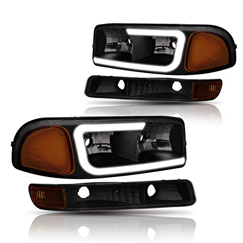 PM PERFORMOTOR Smoked Amber Bumper Lights+Headlights With LED DRL Replacement Compatible with 99-07 Sierra 1500 2500 3500&HD / 99-06 Yukon&XL / 2001 Sierra C3, PMHL-GSIE-9906-CLB2-BSA - Image 1