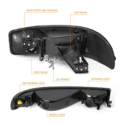 PM PERFORMOTOR Smoked Amber Bumper Lights+Headlights With LED DRL Replacement Compatible with 99-07 Sierra 1500 2500 3500&HD / 99-06 Yukon&XL / 2001 Sierra C3, PMHL-GSIE-9906-CLB2-BSA - Image 4