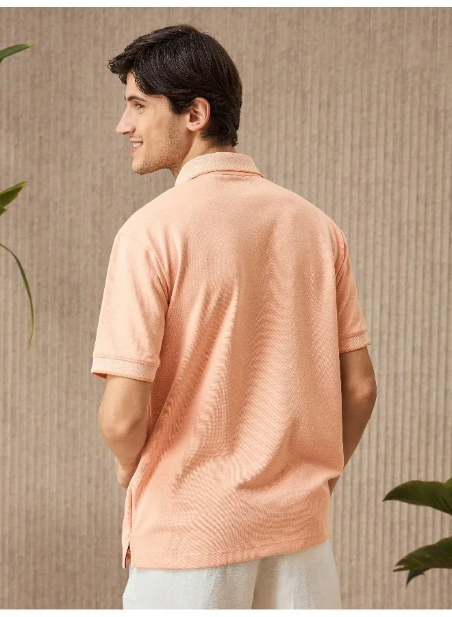 Beyoung Peach Melange Texture Regular Fit Solid Polo Tshirt
