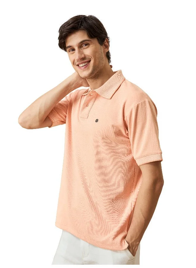 Beyoung Peach Melange Texture Regular Fit Solid Polo Tshirt
