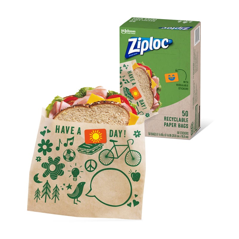 Ziploc Paper Sandwich and Snack Bags, Recyclable & Sealable with Fun Designs, 50 Bags Total - Image 1