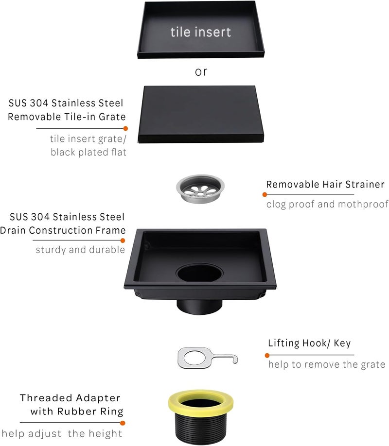 orhemus Classic trendy design picks 304 Stainless Steel Square Shower Floor Drain with Tile Insert Grate Removable Cover 6 inch Long, Matte Black Plated Finished Worldwide simple practical design - Image 4