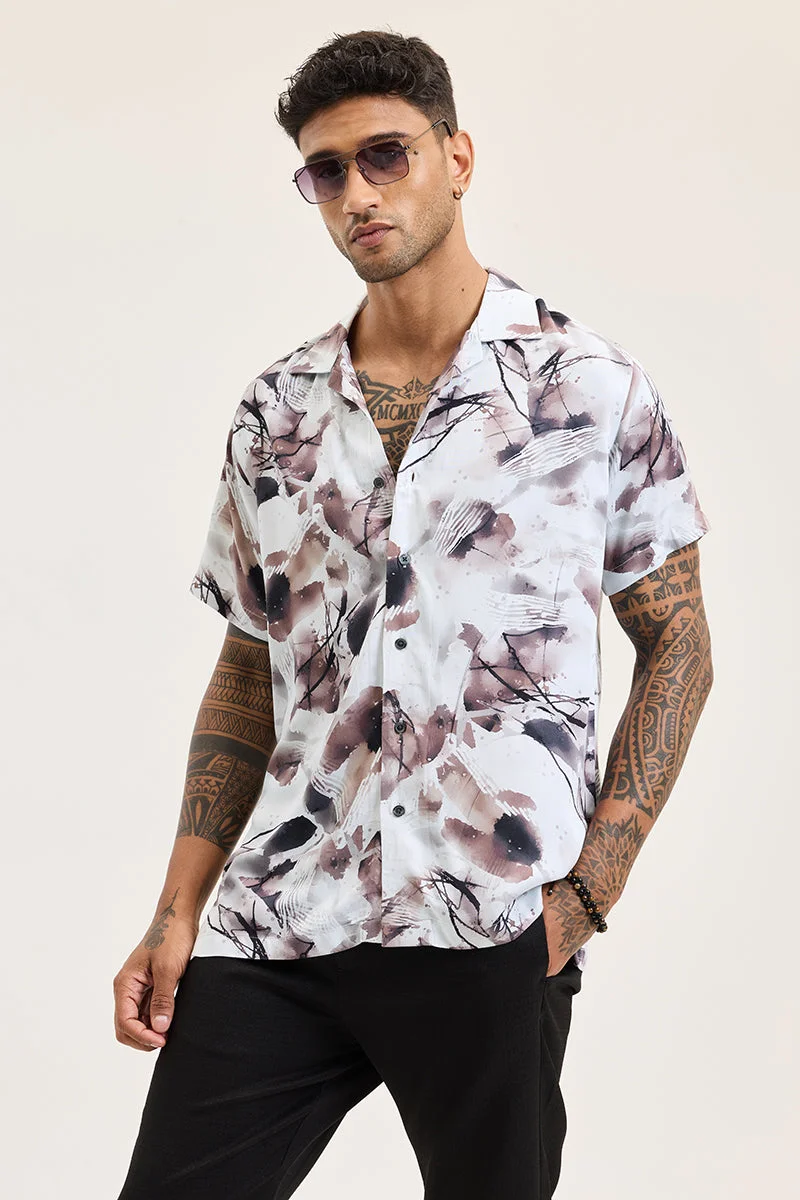 SNITCH Off-White Abstract Half Sleeve Boxy Casual Shirt