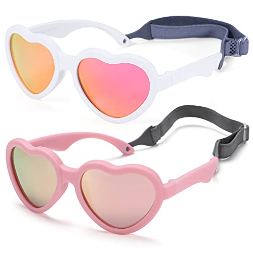 NULOOQ Flexible Heart Shaped Baby Polarized Sunglasses with Strap Adjustable Toddler & Infant Age 0-24 Months (White/Purple Red Mirrored + Pink/Pink Mirrored) - 2 Pack - Image 1