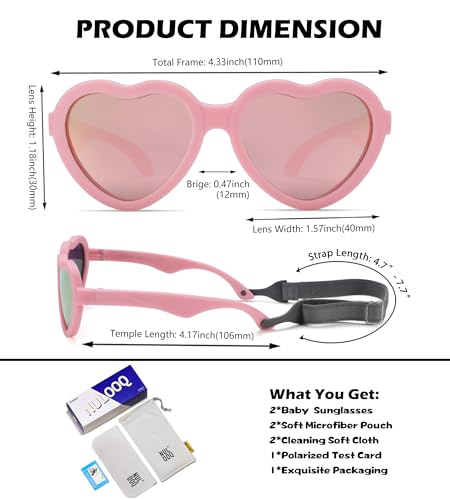 NULOOQ Flexible Heart Shaped Baby Polarized Sunglasses with Strap Adjustable Toddler & Infant Age 0-24 Months (White/Purple Red Mirrored + Pink/Pink Mirrored) - 2 Pack - Image 3