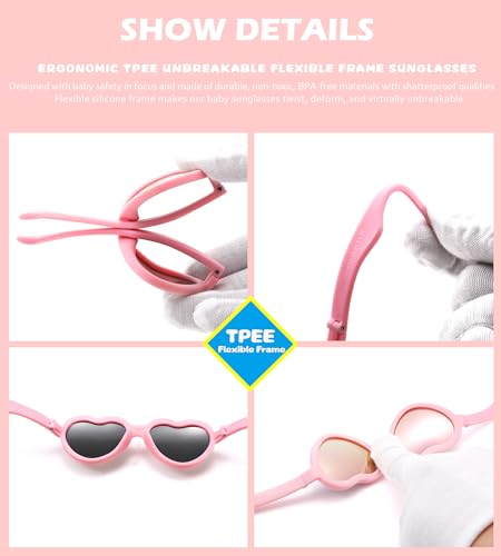 NULOOQ Flexible Heart Shaped Baby Polarized Sunglasses with Strap Adjustable Toddler & Infant Age 0-24 Months (White/Purple Red Mirrored + Pink/Pink Mirrored) - 2 Pack - Image 4