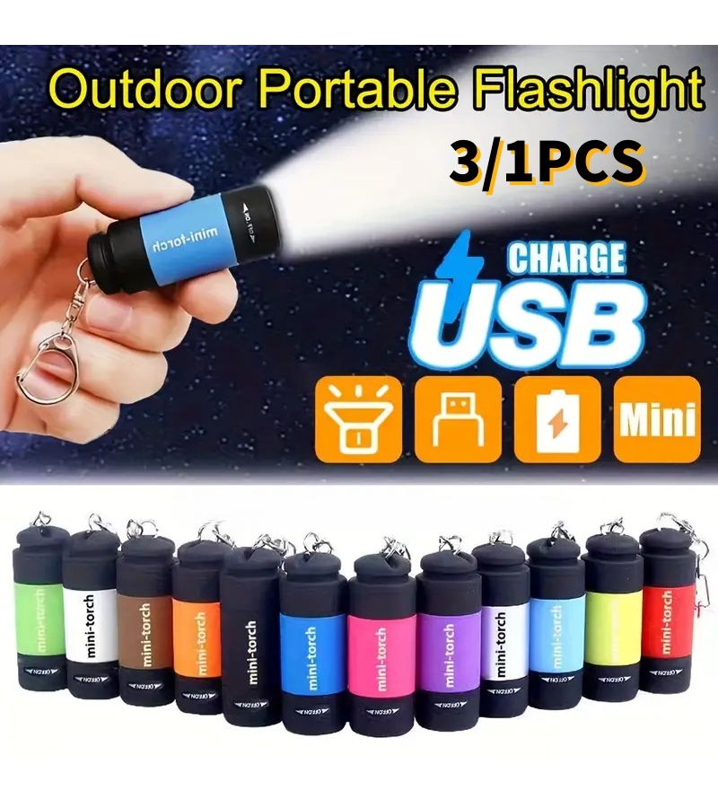 3 Pcs Green Mini LED Flashlight Portable High Brightness Multifunctional Camping Super Bright Light USB Keychain Emergency Power Outage Maintenance Check - Image 2