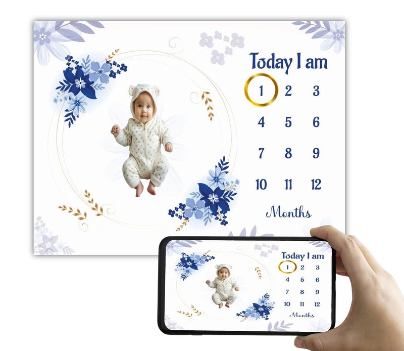 Hoolloomooloo Hoolloomooloo Baby Monthly Milestone Blanket | Blue Floral Design | 1-12 Months | Soft All-Season Blanket | Includes Golden Ring & 15 Milestone Cards | Growth Tracker & Photoshoot Prop | 120x90 cm  - Image 1