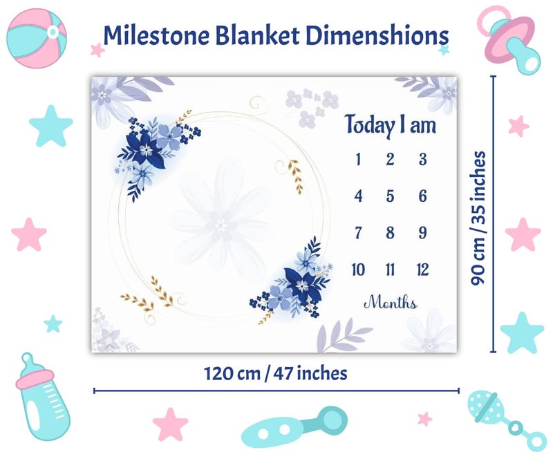 Hoolloomooloo Hoolloomooloo Baby Monthly Milestone Blanket | Blue Floral Design | 1-12 Months | Soft All-Season Blanket | Includes Golden Ring & 15 Milestone Cards | Growth Tracker & Photoshoot Prop | 120x90 cm  - Image 3