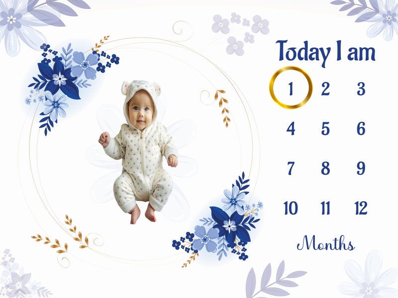 Hoolloomooloo Hoolloomooloo Baby Monthly Milestone Blanket | Blue Floral Design | 1-12 Months | Soft All-Season Blanket | Includes Golden Ring & 15 Milestone Cards | Growth Tracker & Photoshoot Prop | 120x90 cm  - Image 2