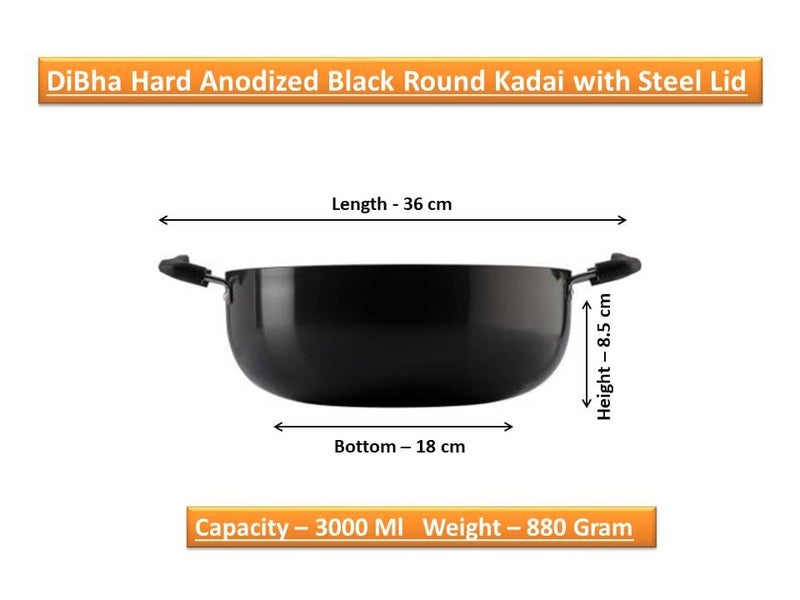 DiBha Hard Anodised Deep Kadai Capacity 3 litres, Suitable for Indian Cooking/Sauces/Stews-Large Saucepan, Multi Use Deep Wok/Pot-Riveted Handles, Aluminium, Black (24 cm Diameter). - Image 2