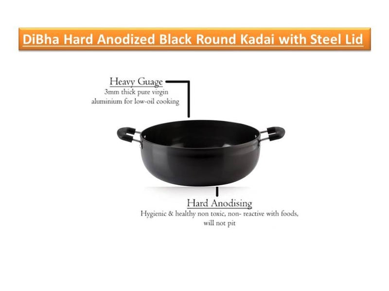 DiBha Hard Anodised Deep Kadai Capacity 3 litres, Suitable for Indian Cooking/Sauces/Stews-Large Saucepan, Multi Use Deep Wok/Pot-Riveted Handles, Aluminium, Black (24 cm Diameter). - Image 3