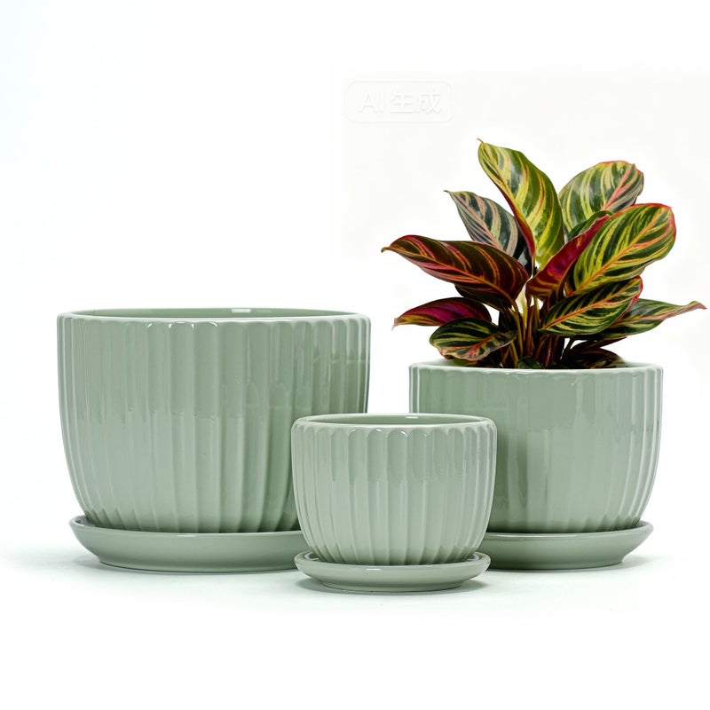 Ton Sin Flower Pots, Light Green Ceramic Plant Pots Set of 3,Small Glazed Succulent Pots with Drainage Hole,Cactus Planter with Saucer,Outdoor Garden Pots (Green) - Image 1