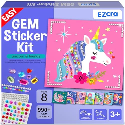 EZCRA Easy Arts and Crafts for Kids Fun Gem Sticker Kit 8 Unicorn Princess Themes 990 Stickers Gem Art for Kids Diamond Art Kits Gifts for Girls Ages 38 - Image 1