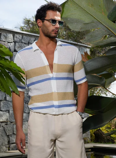 كامبوس سوترا Men's Buff Beige & Daisy White Panel-Knit Relaxed Shirt