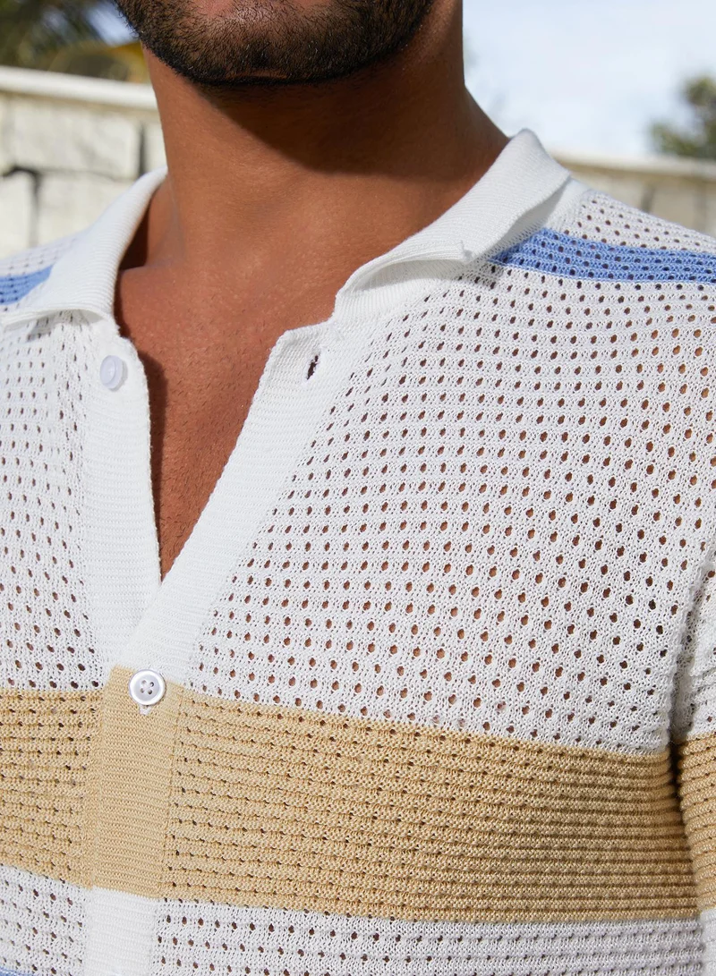 كامبوس سوترا Men's Buff Beige & Daisy White Panel-Knit Relaxed Shirt