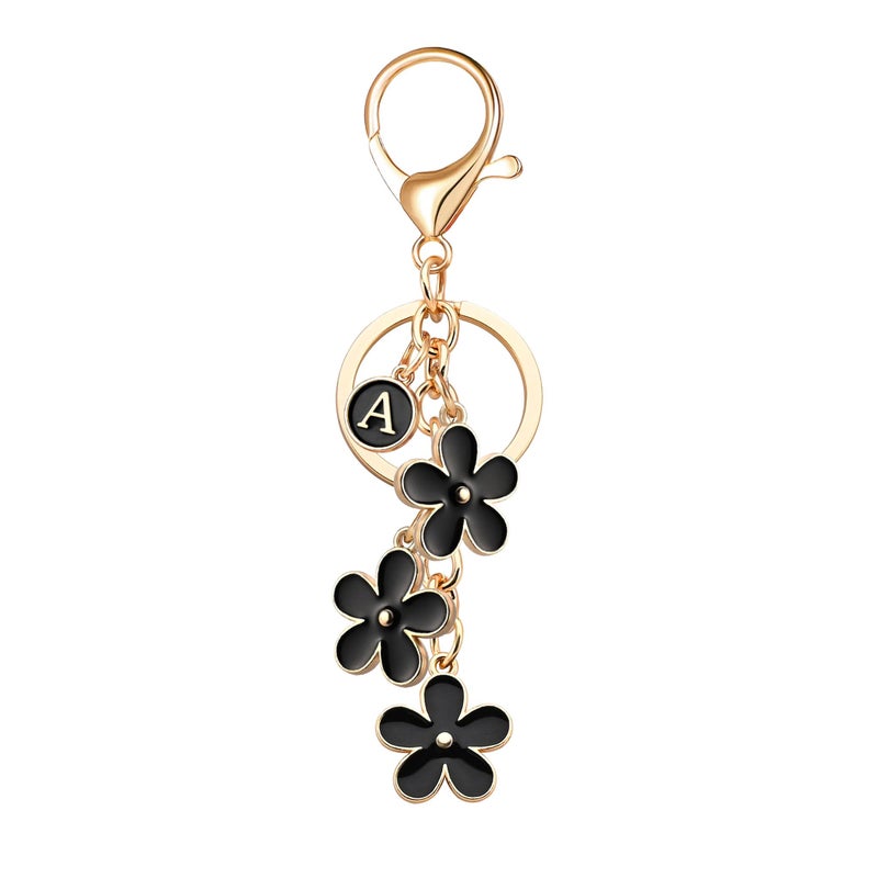 OUMILAN Initial Letter Keychain Cute Flower Charms Keyring for Handbag Backpackâ€“Personalized A-Z Alphabet Jewelry Gift for Women Girl (A, Black) - Image 1