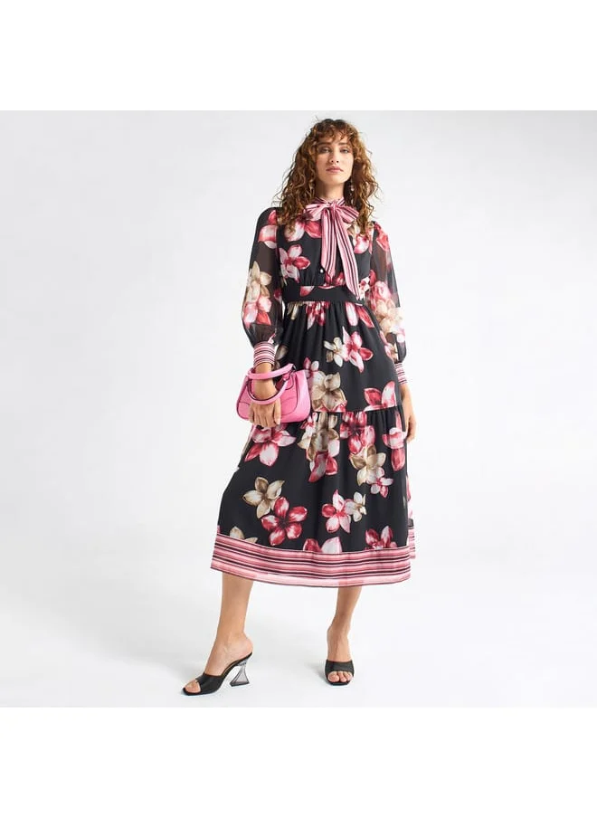 FAV All-Over Floral Print Shirt Dress with Tie-Ups and Long Sleeves