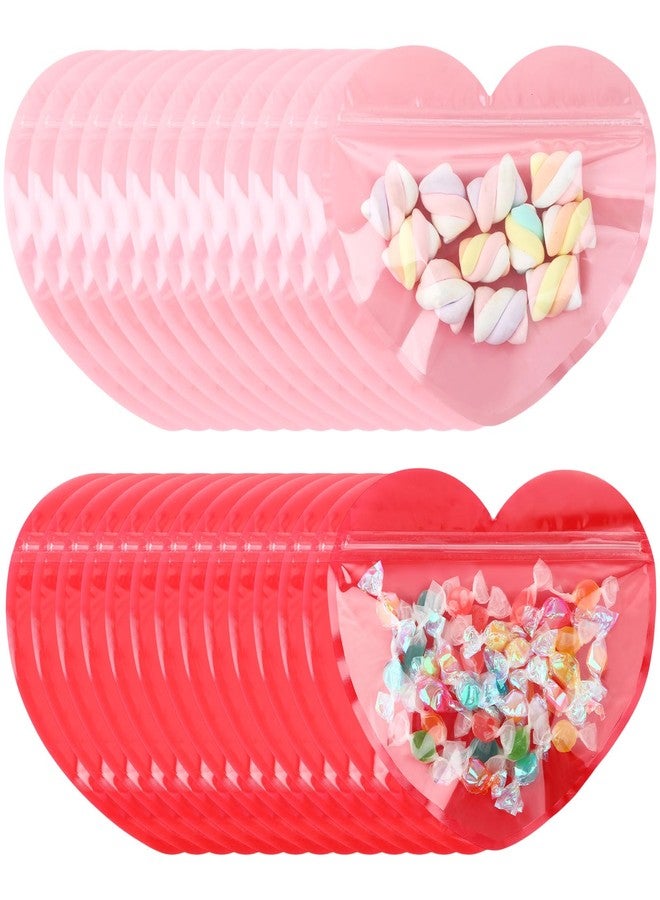 Yexiya 50 Pcs Valentine Gift Bags Heart Shaped Treat Bags Valentine Plastic Goodie Candy Container Resealable Jewelry Packaging Container Decoration for Holiday Gift Wrapping (Red, Pink,5 x 6 Inch) - Image 1