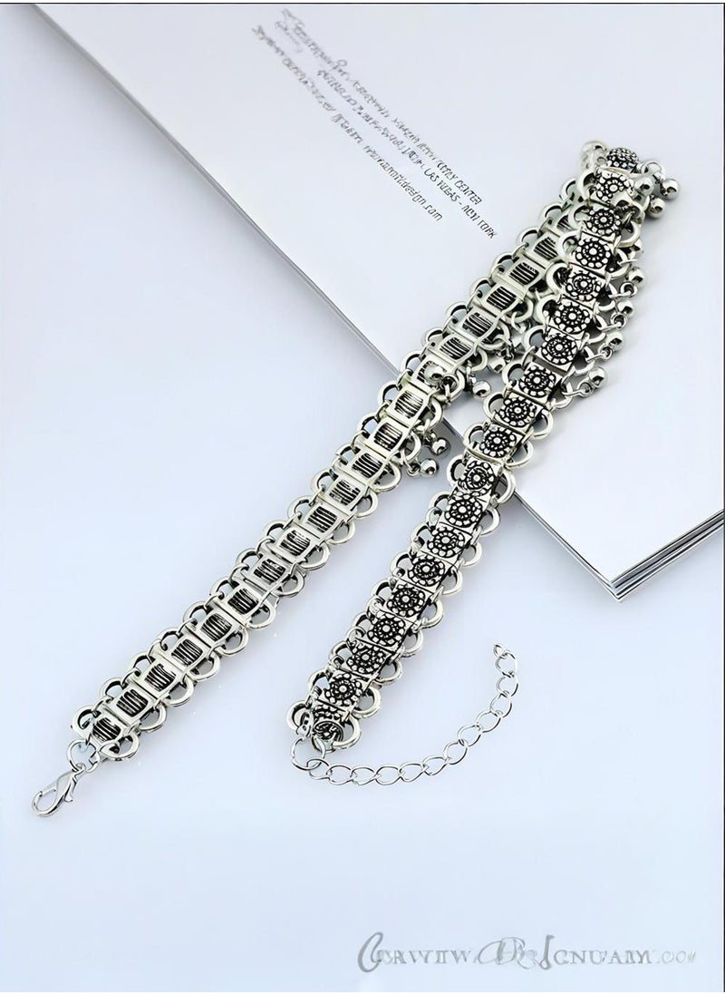 KevKev Bohemian Style Silver Tone Alloy Anklet with Floral Design and Bell Charms - Perfect Beach Jewelry for Women  - Image 3