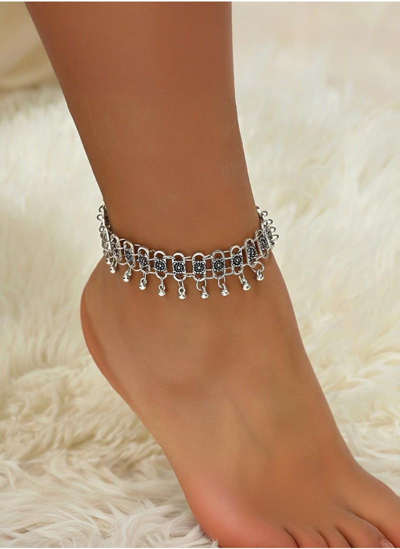 KevKev Bohemian Style Silver Tone Alloy Anklet with Floral Design and Bell Charms - Perfect Beach Jewelry for Women  - Image 4