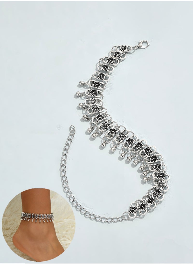 KevKev Bohemian Style Silver Tone Alloy Anklet with Floral Design and Bell Charms - Perfect Beach Jewelry for Women  - Image 1