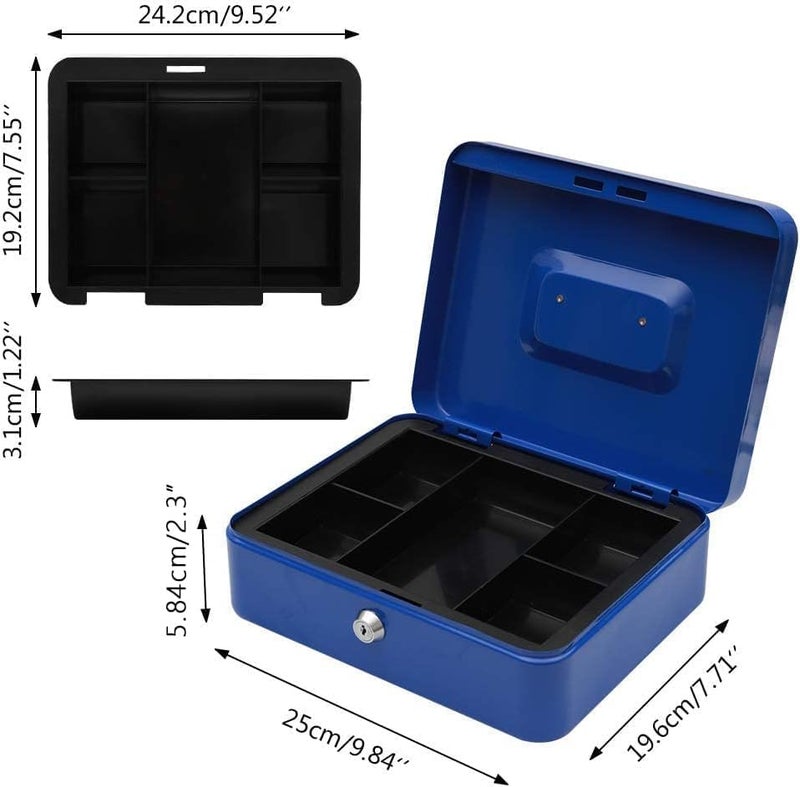 MAX-EMA GLOBAL MaxEMA Metal Cash Box With Lock & Keys Blue  25x20x9cm Steel Register With Tray Durable Portable Money Box Safe For Bills Jewelry Organizer  Coins Phones Travel Lock Safe Box Piggy Bank Locker - Image 2