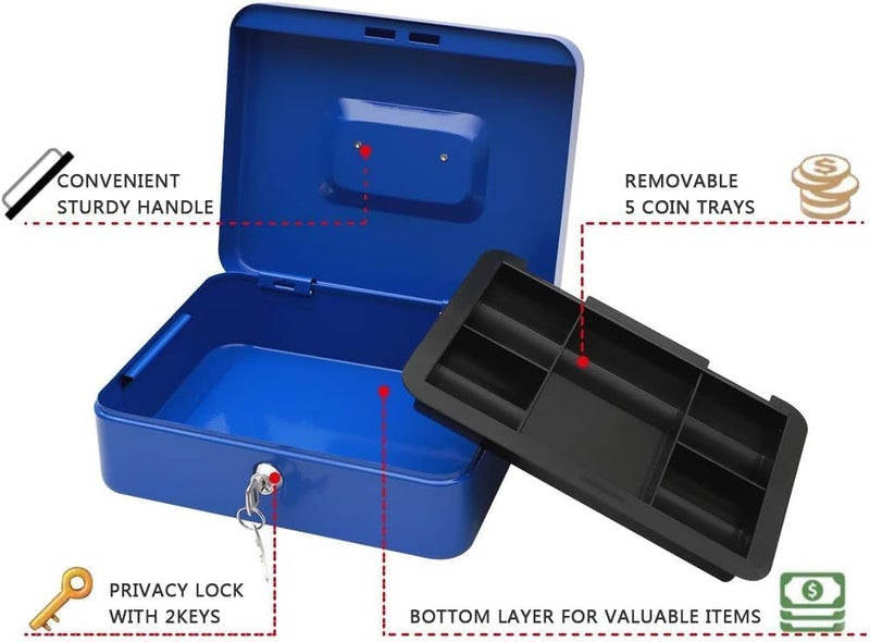 MAX-EMA GLOBAL MaxEMA Metal Cash Box With Lock & Keys Blue  25x20x9cm Steel Register With Tray Durable Portable Money Box Safe For Bills Jewelry Organizer  Coins Phones Travel Lock Safe Box Piggy Bank Locker - Image 3