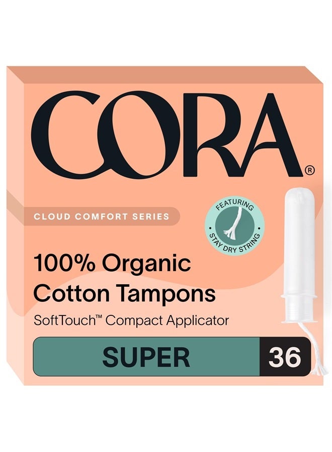 cora Organic Applicator Tampons | Super Absorbency | 100% Organic Cotton, Unscented, BPA-Free Compact Applicator | Leak Protection, Easy Insertion | Packaging May Vary | 36 Total - Image 1