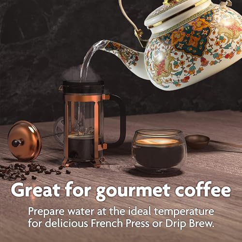 Leebright Floral Enamel Tea Kettle Vintage Gold Beige Teapot Colorful Boho Hot Water Coffee Kettle Pot 2.5L Porcelain Tea Pot with Ceramic Handle for Stovetop Hot Water Kitchen Decor - Image 5