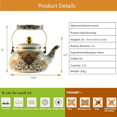 Leebright Floral Enamel Tea Kettle Vintage Gold Beige Teapot Colorful Boho Hot Water Coffee Kettle Pot 2.5L Porcelain Tea Pot with Ceramic Handle for Stovetop Hot Water Kitchen Decor - Image 2