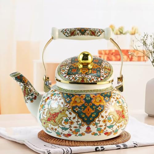 Leebright Floral Enamel Tea Kettle Vintage Gold Beige Teapot Colorful Boho Hot Water Coffee Kettle Pot 2.5L Porcelain Tea Pot with Ceramic Handle for Stovetop Hot Water Kitchen Decor - Image 4