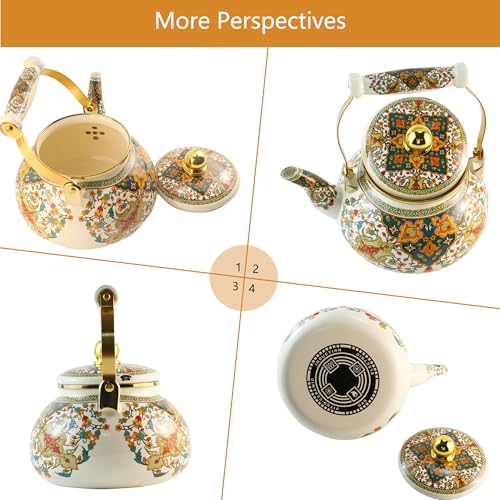 Leebright Floral Enamel Tea Kettle Vintage Gold Beige Teapot Colorful Boho Hot Water Coffee Kettle Pot 2.5L Porcelain Tea Pot with Ceramic Handle for Stovetop Hot Water Kitchen Decor - Image 3