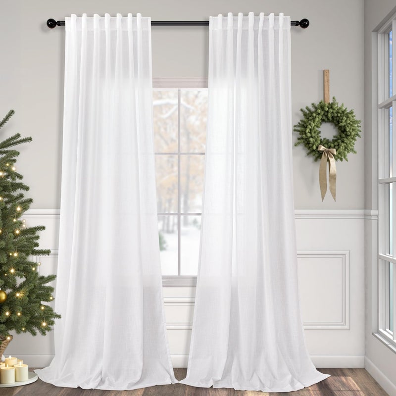 Pitalk White Linen Curtains 84 Inch Length for Living Room 2 Panel Back Tab Loop Pocket Drape Cotton Textured Light Filtering Semi Sheer Lightweight Curtain for Bedroom Boho Rustic Farmhouse Decor 52x84 Long - Image 1